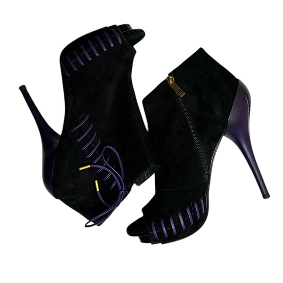 VERSACE Platform Open toe Black suede leather Ankle boots 38 - $1020 US - Picture 12 of 16